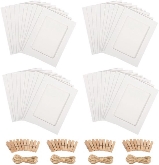 Fotoslinger 40 stuks fotoslinger, papieren fotolijst, 10 x 15 cm, witte fotolijst met 40 houten klemmen, 4 henneptouw, 15 cm foto's, ophangen voor verjaardag, bruiloft, feest, muur