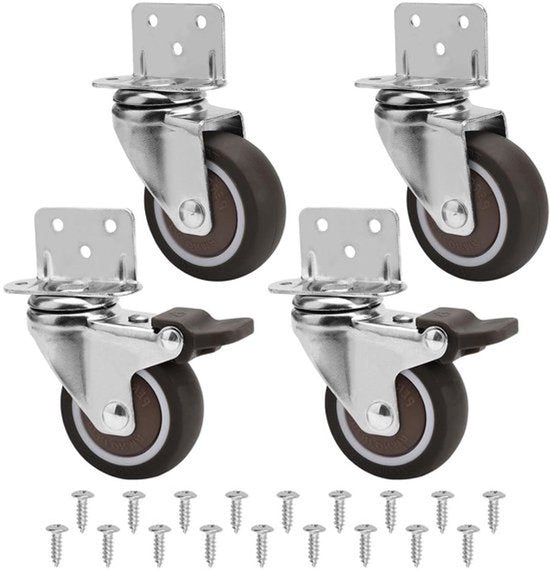 Meubelwielen 50mm met L-montageplaat - Set van 4 stuks - Draagvermogen 115 kg - Met remmen - Zwenkwielen voor meubels, kribben en bloemenstandaard