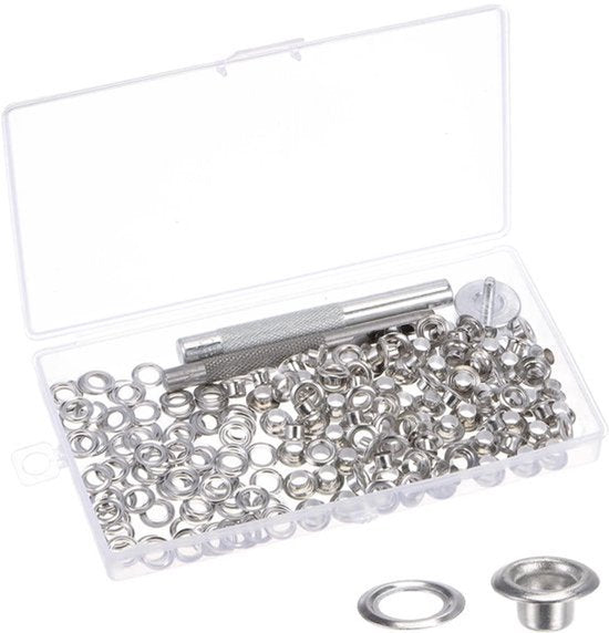 100 Sets 5mm Grommet Kit met 3 Gereedschap en Opbergdoos. Zilverkleurige Koperen Oogjes en Professionele Grommets Kit voor Kleding Schoenen Lederen Tassen Gordijnen DIY Ambachten