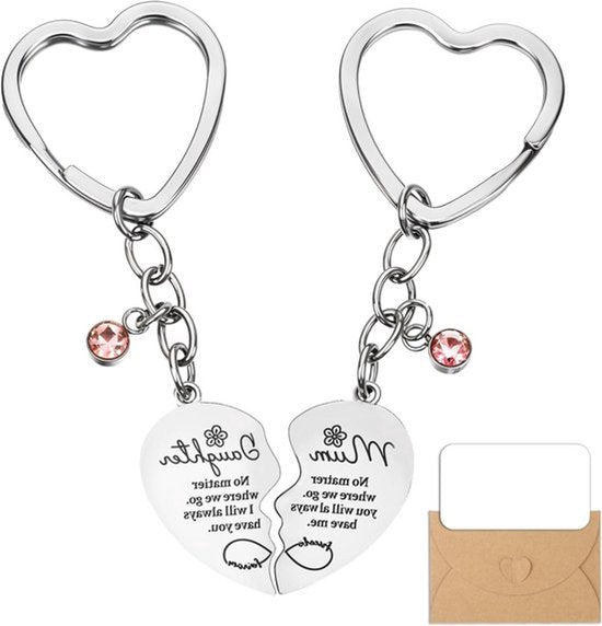 Zilverkleurige moeder-dochter sleutelhanger set met hartvorm, perfect als Moederdagcadeau voor mama en dochter, stijlvol en betekenisvol geschenk