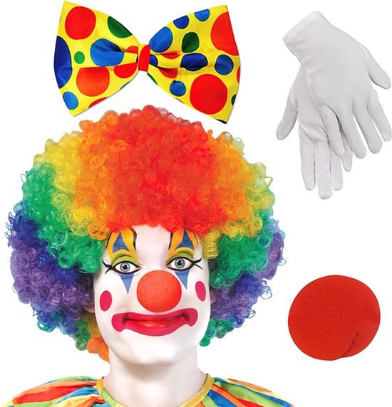 Clown Kostuum Accessoire, Clown Krullend Perkament + Clown Neus + Kleurrijke Stropdas + Handschoenen Geschikt voor Pasen Kunst Evenementen Carnaval Kostuum Cosplay