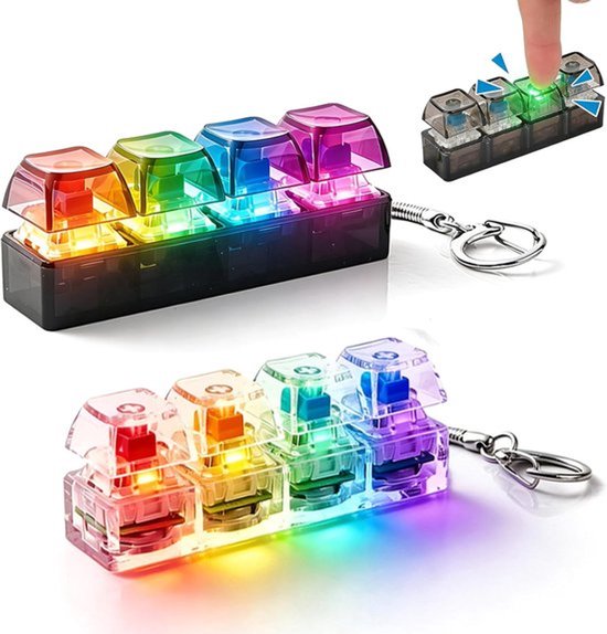 Fidget-toetsenbord - 2 stuks - Klikker fidget-toetsenbord met LED-licht - Mini 4-toetsen stressverlagend speelgoed - Sleutelhanger anti-stress speelgoed - Om stress en angst bij volwassenen te verlichten - Zwart/Wit