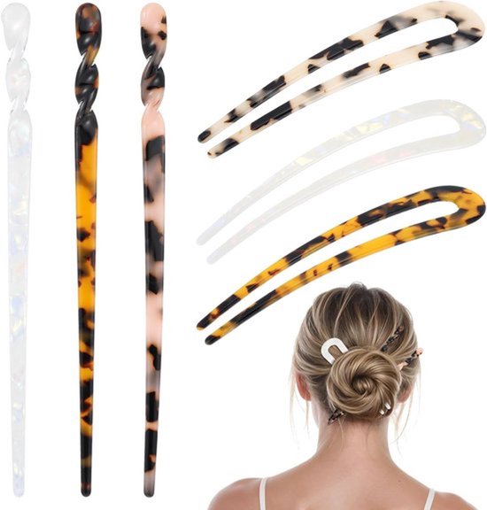6 stuks acetaat haarspelden - vintage U-vormige en rechte haarstokken voor vrouwen - styling updos en broodjes