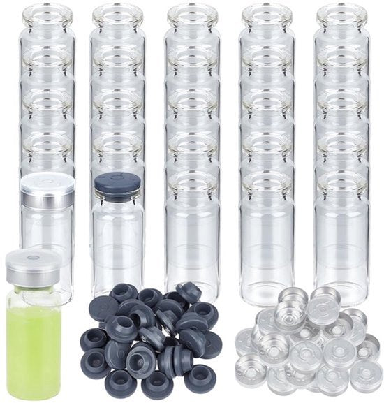 30 sets van 10 ml/3,4 oz doorzichtige, verzegelde monsterflesjes Glazen monsterflesjes met rubberen stop en plastic aluminium dopjes Glazen laboratoriummonsterflesjes Glazen standaard krimp-headspace-flesje voor