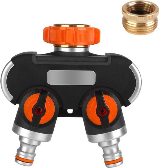 2-wegverdeler: 3/4" en 1/2" waterverdeler met waterverdelerkraan, voor gelijktijdige aansluiting van twee apparaten, beide uitgangen regelbaar, adapter voor tuinberegening