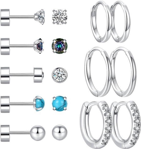 Hypoallergene oorbellensets - 8 paar chirurgisch staal en sterling zilver/goud - platte achterkant - Huggie Hoop en stekeroorbellen voor meerdere piercings - Meerkleurig L