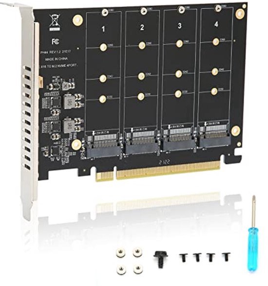 Adapterkaart, met 4 Uitbreidingskaarten, 4-poorts M.2 NVMe SSD Naar PCIE X16 M Key Harde Schijf Converter Lezer Uitbreidingskaart, 4 X 32Gbps Transmissiesnelheid(ph44)
