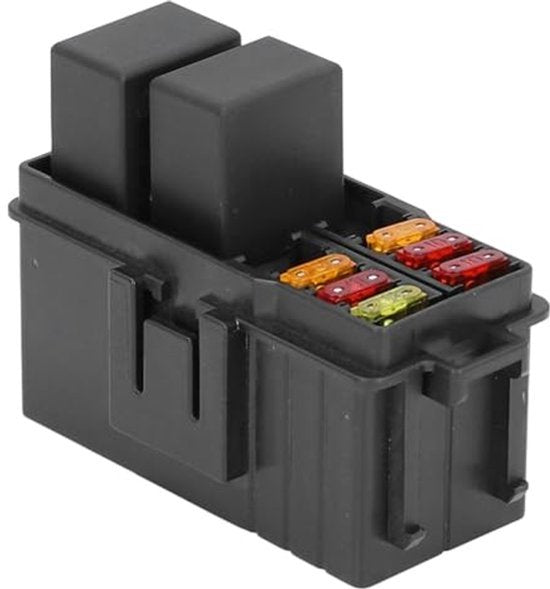 12 V DC zekeringkast met 2 slots en 5-pins relaisvoet, 8 ATC/ATO zekeringhouders inclusief 2 x 30 A relais en 6 zekeringen voor betrouwbare elektrische bescherming