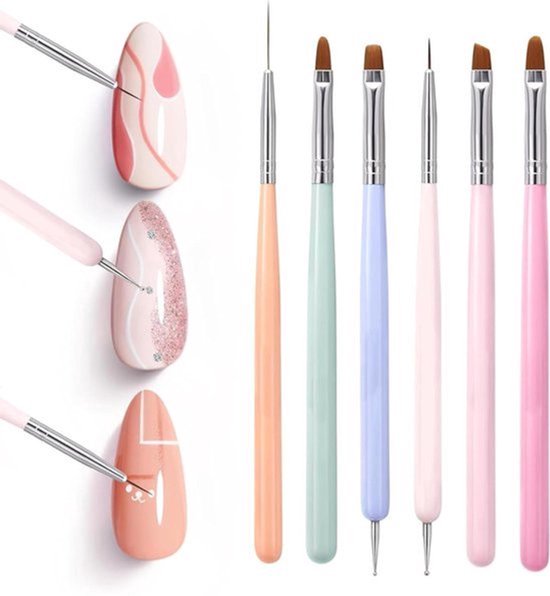 Set van 6 pastelkleurige nagelpenselen voor gelnagels - Fijne gel penselen voor nagelstyling