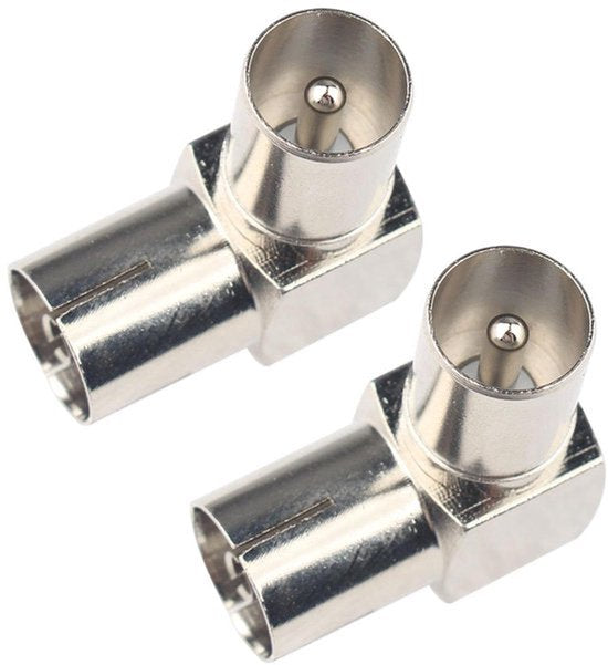 Set van 2 coaxiale adapters met 90 graden haakse hoek voor tv-antenne, geschikt voor PAL stekker naar tv-bus aansluiting, ideaal voor compacte en nette kabelverbindingen