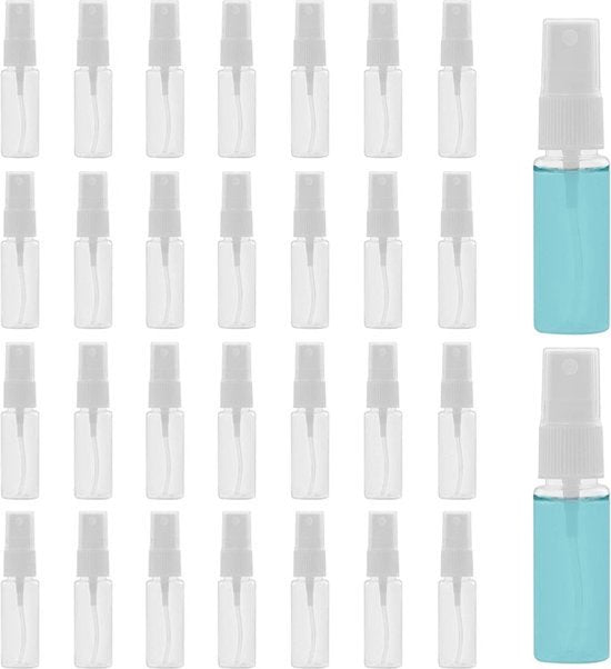 Mini 20ml Verstuiver Spray Flesjes (30 stuks) - Fijne Mist Spray Flesjes met Doppen - Navulbaar Anti Lek Plastic Fles Voor Schoonmaken, Parfums, Essentiële Oliën - Reisformaat - Handig Voor Onderweg