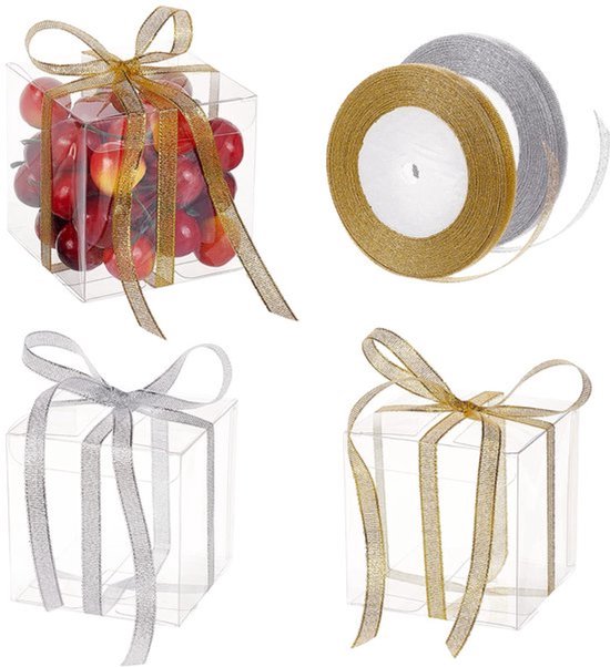 30pcs 9x9x9 cm Transparante PVC Geschenkdozen - Met Gouden en Zilveren Glitterlinten
