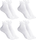 Set van 4 paar witte kanten enkelsokken voor dames en meisjes, gemaakt van katoen met elegante ruches voor een schattige en comfortabele pasvorm