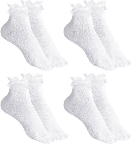 Set van 4 paar witte kanten enkelsokken voor dames en meisjes, gemaakt van katoen met elegante ruches voor een schattige en comfortabele pasvorm