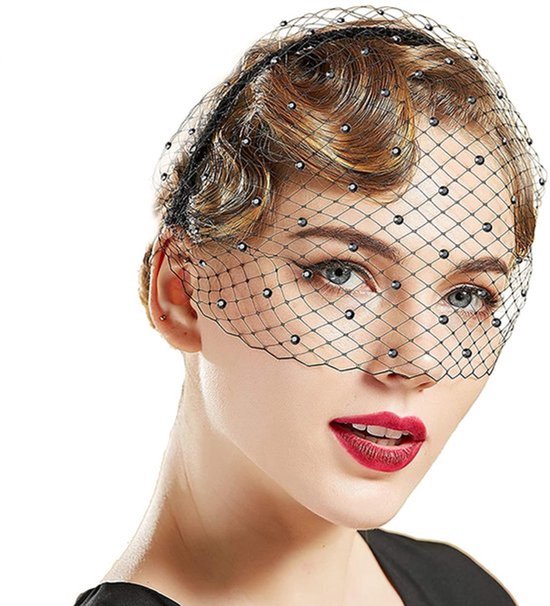 1 stuk zwarte sluier met 50 zwarte clips, zwarte sluier Halloween, zwarte sluier hoofdband, mesh bruiloft hoofdband, geschikt voor retro feest, koffiepauze feestkleding., Bruin, 32, Bruin