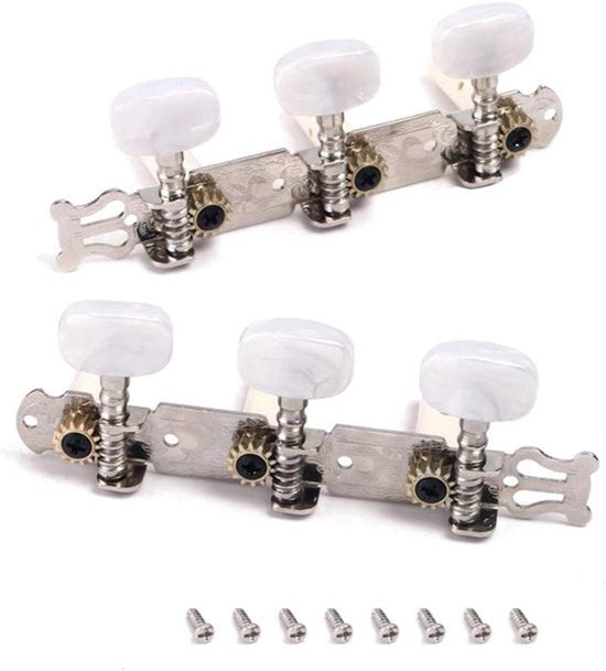 - Gitaar Mechanieken - Klassieke Gitaar - Chroom - Stemmechanieken - 3L 3R - Montage Schroeven - Stemmechanieken - Geschikt voor - Wit - 2 Stuks Gitaar Stemknoppen