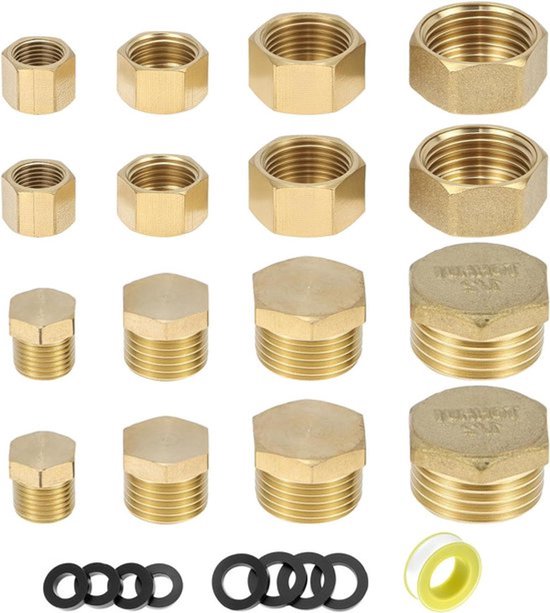 ® 16 stuks messing blindstoppen voor waterleidingen 1/8 1/4 1/2 3/8 inch, binnen- en buitendraad, met rubberen ringen en waterstop.