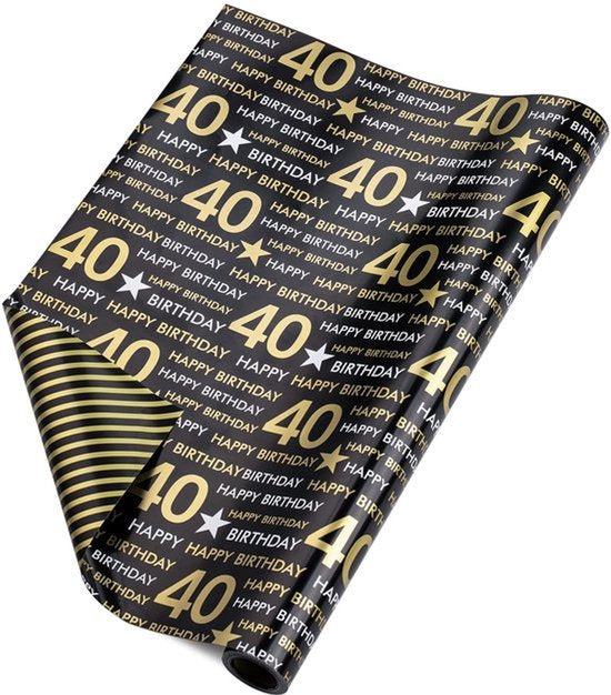 Omkeerbaar Inpakpapier Rol - 40 Jaar Verjaardag Zwart en Goud Patroon Geweldig voor Verjaardag, Feest, Babyshower - 43cmx10m