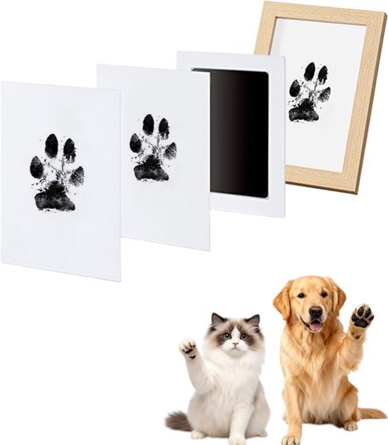 Pootafdruckpad voor huisdieren - Doe-het-zelf huisdierenfotoalbum - Pootafdrukset voor huisdieren - Geschikt voor het maken van pootafdrukken van katten en honden - Met houten lijst - 2 printbare kaarten