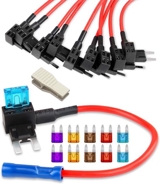 10 stuks 12-24V Mini Auto Add-a-Circuit Fuse TAP Adapter Mini APM ATM Bladzekering Set voor Auto's Vrachtwagens Botens met 3/5/7.5/10/15Amp Zekering
