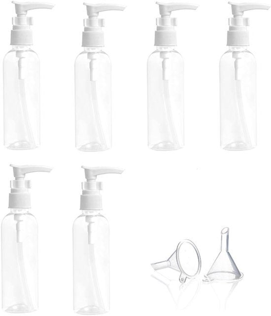 Plastic Pompfles, Transparante Airless Pompfles, Dispenserfles, Plastic, 6 Stuks, Transparante Reisflessen, 100ml Zeepdispenser met 2 Trechters voor Cosmetische Lotion voor Reis