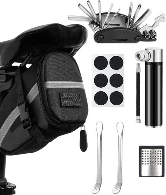 Fietsreparatieset met Zadel Tas - 16-in-1 Fietsset + 120 PSI Mini Fietspomp - Onderweg Gereedschap Reparatieset voor Fiets, MTB, Racefiets - Zwart - 1 Set