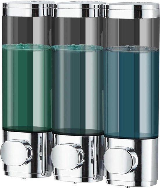 Wandmontage Zeepdispenser voor Badkamer - Zilver - 3 Kamers - 300 ml Capaciteit - Geschikt voor Douchegel, Shampoo, Conditioner - Eenvoudig te Gebruiken
