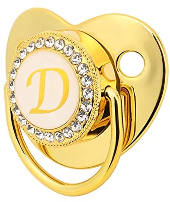 Gouden Babyfopspeen, Gepersonaliseerd Gebogen Ontwerp 26 Letters Veilige Materialen Gezonde Bling-babyfopspeen Essentials voor Pasgeborenen met Clips voor 6 Tot 18 Maanden Baby(D)