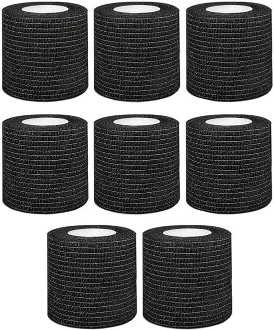 8 Rollen 5cm Brede Rekbare Cohesieve Bandage, Zelfklevende Bandage, Sporttape voor Rek Atletiek, Pols Vingers, Enkel Tenen, Voeten, Elastische Hechtband voor Huisdier Zwart