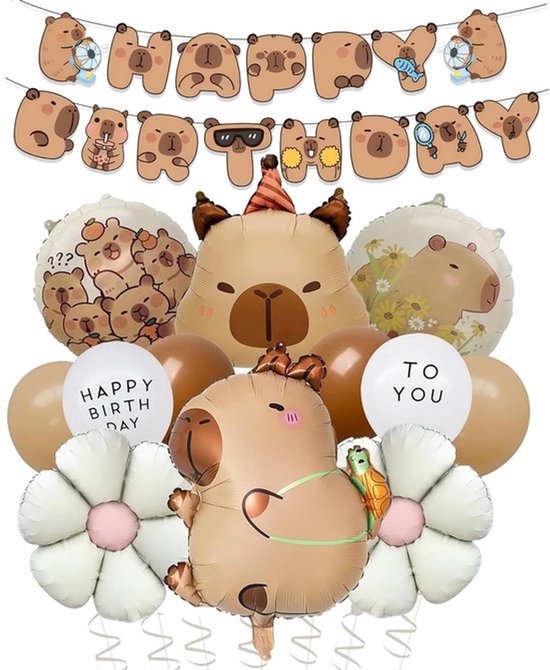Capybara Ballonnen Verjaardagsset met Madeliefjes Folieballon en Happy Birthday Slinger, Capybara Helium Ballonnen Verjaardag voor Jongens en Meisjes, Kinderverjaardagsdecoratie