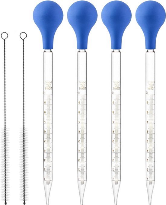 Glazen pipet 10ml - 4 stuks met rubberen dop en 2 reinigingsborstels