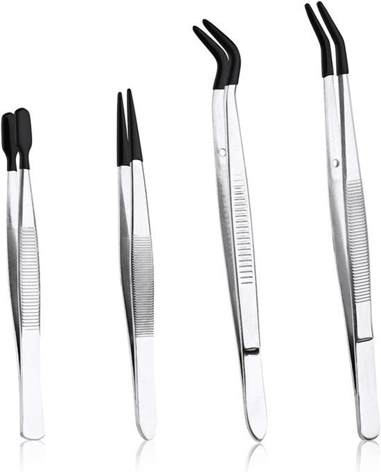 Pincetten Set - RVS - Rubberen Punten - Ambachten sieraden maken - Zwart - Laboratorium - Geschikt voor diverse doeleinden - 4-delige pincetten set met rechte punt, platte punt en lange gebogen pincet
