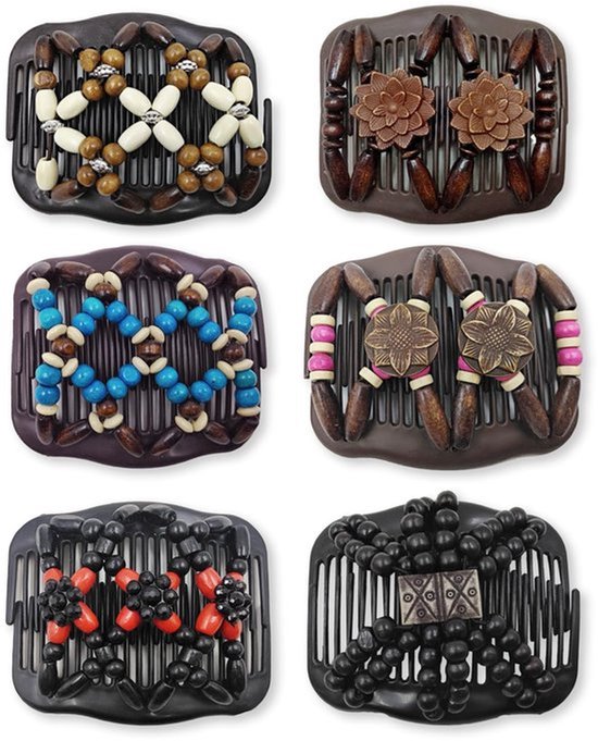 6 Pcs Dubbele Rij Haarkam - Houten Kralen, Krullende Haarkam Set