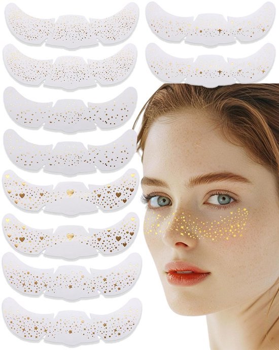 Pakket van 10 Gouden Glitter Tatoeages Glitter Gezicht Gouden Tijdelijke Tatoeage Stickers voor Gezicht Zweetbestendig Waterdicht Zomer Freckles Tatoeage Glitterstenen voor Carnaval Feest Stickers