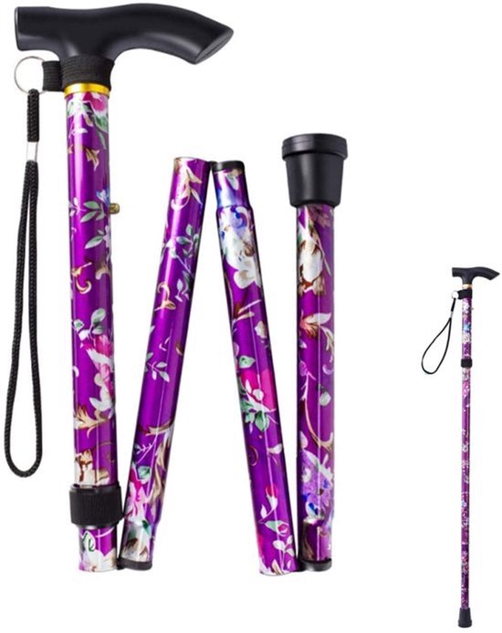Opvouwbare wandelstok voor dames, opvouwbaar, aluminium, zwart, verstelbaar, in hoogte verstelbaar, duurzaam, uitschuifbaar.