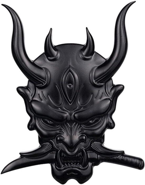 Japanse Samurai Sticker - Spook Hoektanden Krijger - 3D Metalen Sticker - Auto Motorfiets Decoratie - Zwart.