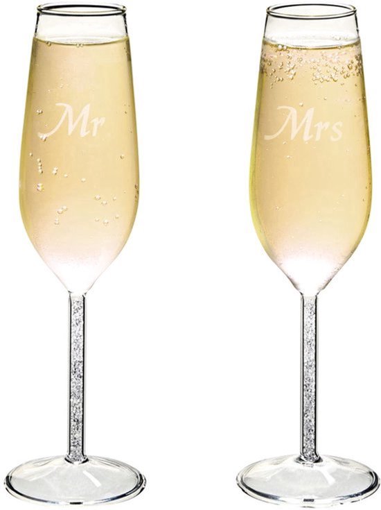 Champagnefluitglazen Set van 2 - Mr en Mrs - Gegraveerd - 4,5 x 7 x 24 cm