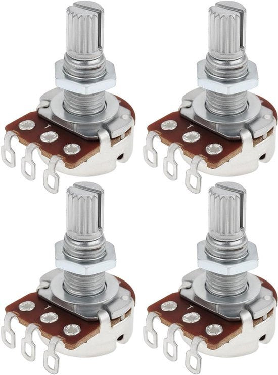 Gitaarpotentiometer-knoppen - B50K - Lineaire as - 18 mm lang - toon-, volume- en audio-functies - 3-polig - Elektrische gitaar/bas - Geschikt voor Split Shaft-modellen - Zwart - 4 stuks - Compatibel