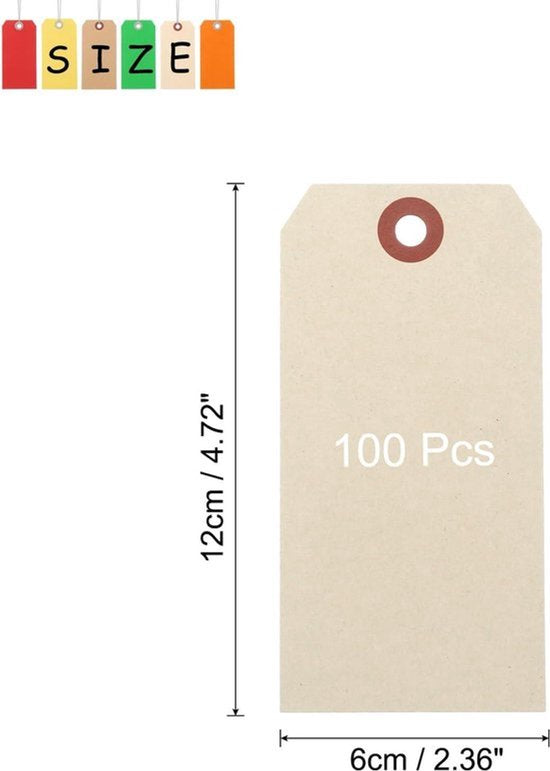 Set van 100 hangende etiketten met draadkoord voor bagage, kleding en wijnflessen (12,1 cm x 6 cm, crèmegeel)