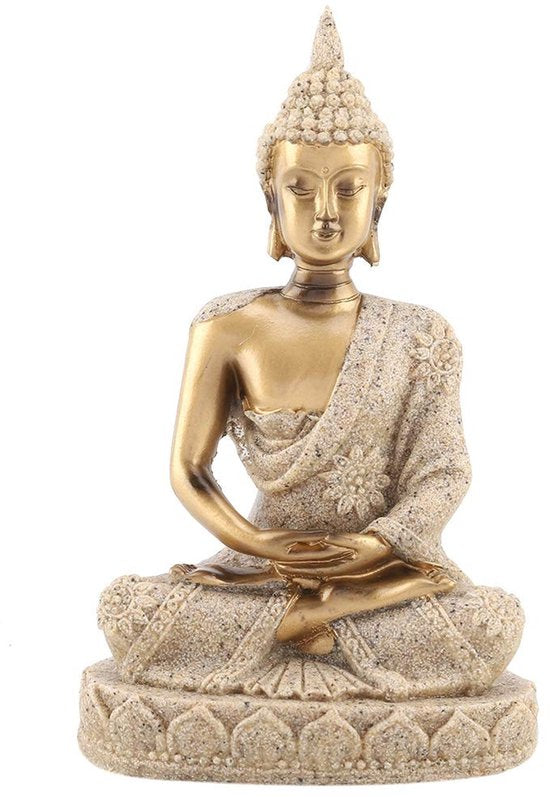 Zittende Boeddha Zandsteen Sculptuur | Retro Woondecoratie Standbeeld Boeddhisme | Art Creatieve Hars | Woondecoratie voor Woonkamer (Goud)